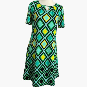 Kaari‎ Blue Green Yellow Diamond Pattern Midi Dress